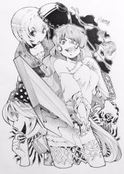 Rule 34 | 3girls, aozora taf, artist name, bare shoulders, bowl, breasts, clownpiece, commentary request, cropped legs, detached sleeves, dress, fang, greyscale, hair over one eye, hat, hatchet, highres, japanese clothes, jester cap, kimono, large breasts, long hair, miracle mallet, monochrome, multiple girls, nata (tool), neck ruff, obi, one-hour drawing challenge, open mouth, polka dot, profile, sakata nemuno, sash, short hair, simple background, smile, sukuna shinmyoumaru, touhou, traditional media, wavy hair