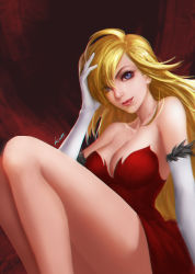 Rule 34 | 1girl, ahoge, artist name, bare legs, bare shoulders, blonde hair, breasts, cleavage, collarbone, dress, elbow gloves, female focus, gloves, hand on head, hand to head, kiss-shot acerola-orion heart-under-blade, knees up, konoy, large breasts, legs, licking lips, light smile, lips, lipstick, long hair, long legs, looking at viewer, makeup, monogatari (series), neck, nose, oshino shinobu, red background, red dress, signature, sitting, solo, strapless, strapless dress, tongue, tongue out, very long hair, white gloves, yellow eyes