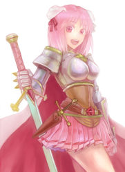 Rule 34 | 1girl, :d, armor, belt, boobplate, breastplate, brown belt, commentary request, cowboy shot, cross, dagger, hair ribbon, holding, holding sword, holding weapon, horns, knife, looking at viewer, lord knight (ragnarok online), medium hair, miniskirt, misuguu, open mouth, pauldrons, pink eyes, pink hair, pink skirt, pleated skirt, ragnarok online, red ribbon, ribbon, sheath, shoulder armor, simple background, skirt, smile, solo, sword, teeth, upper teeth only, weapon, white background