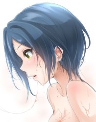 Rule 34 | 10s, 1girl, blue hair, blush, breasts, cleavage, close-up, earrings, from side, green eyes, hayami kanade, highres, idolmaster, idolmaster cinderella girls, jewelry, large breasts, murabito c, parted lips, short hair, solo, wet