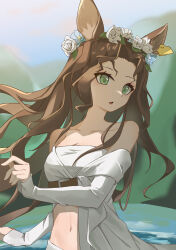 Rule 34 | 1girl, :o, absurdres, animal ears, bare shoulders, belt, blonde hair, blue sky, blurry, blurry background, brown belt, chi jiecao de tianshi, collarbone, deer ears, deer girl, ear tag, flower, flower wreath, green eyes, hand up, head wreath, highres, jessica (reverse:1999), long hair, long sleeves, looking to the side, mountain, navel, off shoulder, outdoors, reverse:1999, shirt, sky, sleeves past wrists, solo, stomach, turning head, underbust, upper body, water, white flower, white shirt