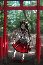 Rule 34 | 1girl, annin musou, bad id, bad twitter id, black hair, commentary request, dappled sunlight, closed eyes, forest, fox shadow puppet, full body, grin, hair tie, hakama, hakama skirt, headgear, high ponytail, highres, japanese clothes, kantai collection, kariginu, long hair, long sleeves, miko, multi-tied hair, nature, nisshin (kancolle), okobo, red hakama, red ribbon, ribbon, ribbon-trimmed sleeves, ribbon trim, rudder footwear, sandals, short eyebrows, skirt, smile, solo, sunlight, thick eyebrows, torii, very long hair, wide sleeves