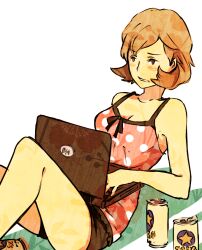 Rule 34 | 1girl, ai-wa, bare legs, bare shoulders, beer can, black shorts, blush, breasts, brown eyes, brown hair, can, collarbone, computer, drink can, feet out of frame, laptop, leaning back, medium breasts, on ground, persona, persona 3, pink shirt, shirt, short hair, short shorts, shorts, simple background, sitting, sleeveless, sleeveless shirt, solo, toriumi isako, white background