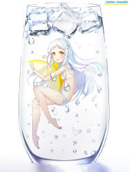 Rule 34 | 1girl, air bubble, barefoot, bikini, blush, breasts, cup, drinking glass, food, from side, fruit, full body, highres, ice, ice cube, in container, in cup, lemon, lemon slice, long hair, looking at viewer, open mouth, original, plantar flexion, sideboob, simple background, small breasts, solo, swimsuit, the cold, twitter username, white background, white bikini, white hair, yellow eyes