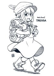 Rule 34 | 1girl, :d, backpack, bag, black eyes, boots, dress, full body, looking at viewer, mawaru (mawaru), monochrome, octopath traveler, octopath traveler i, open mouth, short hair, short sleeves, simple background, sketch, smile, solo, tressa (octopath traveler), tressa colzione, walking, white background, white dress, white footwear, white hair, white headwear