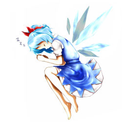 Rule 34 | 1girl, bad id, bad pixiv id, barefoot, blue hair, cirno, dress, feet, female focus, fetal position, from side, full body, maskman, plantar flexion, short hair, simple background, sleeping, solo, touhou, white background, wings