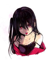 Rule 34 | 1girl, amase oruko (artist), bare shoulders, black camisole, black hair, camisole, cardigan, collarbone, commentary request, ear piercing, hair between eyes, highres, long hair, looking at viewer, off shoulder, one side up, original, piercing, red cardigan, red eyes, simple background, sketch, solo, strap slip, tongue, tongue out, tongue piercing, white background