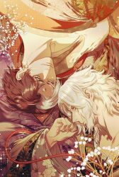 Rule 34 | 2boys, 5altybitter5, brown hair, closed mouth, dual persona, emet-selch, final fantasy, final fantasy xiv, floral print, long sleeves, looking at viewer, multicolored hair, multiple boys, rotational symmetry, smile, streaked hair, white hair, yellow eyes