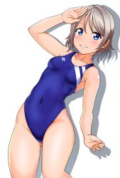 Rule 34 | 1girl, aiuti, alternate breast size, blue eyes, blue one-piece swimsuit, breasts, competition swimsuit, covered navel, cowboy shot, grey hair, highleg, highleg swimsuit, highres, love live!, love live! sunshine!!, one-piece swimsuit, parted lips, salute, shadow, short hair, simple background, small breasts, smile, solo, swimsuit, watanabe you, white background