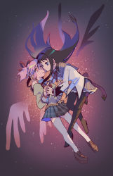 Rule 34 | 2girls, absurdres, akemi homura, argyle, argyle clothes, argyle legwear, backlighting, black hair, black hairband, black pantyhose, black skirt, black wings, commentary, dark background, expressionless, fingernails, floating hair, full body, gradient background, hair ribbon, hairband, hand on another&#039;s neck, highres, kaname madoka, loafers, long hair, long sleeves, looking at another, mahou shoujo madoka magica, mahou shoujo madoka magica (anime), mitakihara school uniform, multiple girls, pantyhose, parted lips, pink eyes, pink hair, pink wings, plaid, plaid skirt, pleated skirt, puffy short sleeves, puffy sleeves, purple eyes, purple ribbon, red ribbon, ribbon, school uniform, shaded face, shoes, short sleeves, short twintails, skirt, soul gem, star (symbol), starry background, thighhighs, twintails, uniform, white thighhighs, wide-eyed, wings, yooki (winter cakes), zettai ryouiki