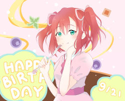Rule 34 | 1girl, absurdres, aqua eyes, artist name, artist request, blush, chocolate, collared shirt, female focus, fork, hair ribbon, hand on own cheek, hand on own face, highres, holding, holding fork, kurosawa ruby, looking at viewer, love live!, love live! sunshine!!, necktie, pink shirt, puffy short sleeves, puffy sleeves, purple neckwear, red hair, ribbon, shirt, short hair, short sleeves, smile, solo, twintails