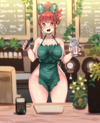 Rule 34 | 1girl, apron, barista, breasts, curvy, highres, iced latte with breast milk (meme), kenron toqueen, large breasts, meme, naked apron, narrow waist, original, solo, thick thighs, thighs, tomatita