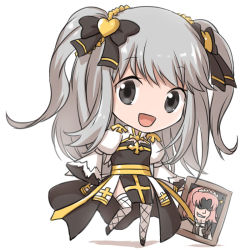 Rule 34 | 1girl, :d, arch bishop (ragnarok online), black bow, black eyes, black footwear, bow, chibi, cleavage cutout, clothing cutout, commentary request, cross, dress, fishnet thighhighs, fishnets, full body, grey hair, hair bow, heart, holding, holding photo, juliet sleeves, long hair, long sleeves, looking at viewer, natsuya (kuttuki), open mouth, photo (object), puffy sleeves, ragnarok online, sash, shoes, simple background, smile, solo, thighhighs, two-tone dress, two side up, white background, white dress, white thighhighs, yellow sash