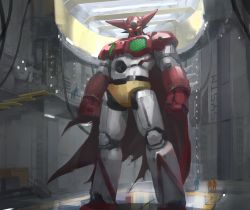 Rule 34 | absurdres, boridongja, cape, clenched hands, getter-1, getter robo, getter robo (1st series), hangar, highres, looking down, mecha, robot, science fiction, size difference, solo focus, super robot, yellow eyes