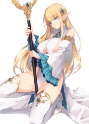 1girl armlet bare_shoulders blonde_hair blue_eyes boots breasts commentary_request detached_sleeves earrings elf female_masturbation frilled_sleeves frills gold_armlet hair_ornament holding holding_staff jewelry kirishima_satoshi large_breasts leotard light_smile long_hair long_sleeves looking_at_viewer masturbation original parted_lips pointy_ears simple_background solo spread_legs squatting staff thigh_boots thighhighs white_background white_footwear white_leotard white_thighhighs wide_sleeves