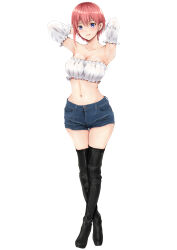 Rule 34 | 1girl, absurdres, armpits, arms behind head, bare shoulders, black footwear, blue eyes, blush, boots, breasts, cleavage, collarbone, commentary request, crossed legs, denim, denim shorts, frilled sleeves, frilled tube top, frills, full body, go-toubun no hanayome, highres, large breasts, looking at viewer, nakano ichika, navel, pink hair, ritsumama 2013, short hair, short shorts, shorts, simple background, solo, standing, strapless, thigh boots, thighs, tube top, white background, white sleeves, white tube top