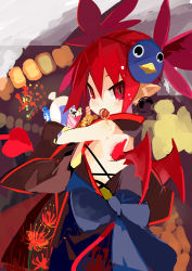 Rule 34 | 1girl, absurdres, alternate costume, demon girl, demon tail, demon wings, disgaea, etna (disgaea), from behind, highres, japanese clothes, looking at viewer, makai senki disgaea, miyakawa106, pointy ears, red eyes, red hair, short hair, slit pupils, solo, tail, twintails, wings