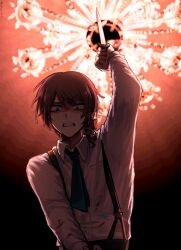 Rule 34 | 1boy, arm up, black background, blood, blood on clothes, blue eyes, blue necktie, bow, brown hair, chandelier, clenched teeth, collared shirt, edgar valden, from below, hair between eyes, hair bow, highres, holding, holding knife, identity v, knife, looking at viewer, low ponytail, male focus, medium hair, necktie, pov, red bow, scowl, shirt, single drill, solo, stab, suspenders, teeth, tendenbarabara, upper body, white shirt