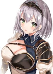 Rule 34 | 1girl, armor, belt, blush, braid, breastplate, breasts, circlet, cleavage, cleavage cutout, clothing cutout, commentary, from above, gold trim, green eyes, hololive, large breasts, looking at viewer, medium hair, mole, mole on breast, motsunuki, parted lips, shirogane noel, shirogane noel (1st costume), shoulder armor, simple background, solo, virtual youtuber, white background, white hair