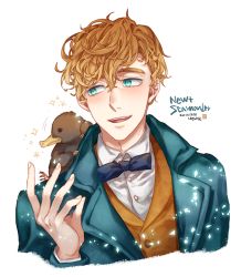 Rule 34 | aqua eyes, bad id, bad pixiv id, blush, bow, bowtie, brown hair, character name, coat, fantastic beasts and where to find them, harry potter (series), male focus, newt scamander, niffler, nyangsam, open mouth, portrait, simple background, sparkle, teeth, white background, wizarding world