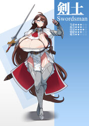 Rule 34 | 1girl, absurdly long hair, absurdres, ahoge, areola slip, armor, armpits, ascot, blush, breasts, brown hair, bursting breasts, cleavage, curvy, earrings, fingerless gloves, full body, gigantic breasts, gloves, grey eyes, groin, highres, huge areolae, huge breasts, impractical armor, jewelry, knight, konoshige (ryuun), lace, lace-trimmed legwear, lace trim, long hair, looking at viewer, original, parted lips, pelvic curtain, revealing clothes, scabbard, sheath, shiny skin, skindentation, solo, standing, sword, swordsman (konoshige), thick thighs, thighhighs, thighs, very long hair, weapon, wide hips