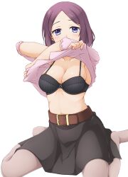Rule 34 | 1girl, belt, belt buckle, black bra, black skirt, blush, bow, bow bra, bra, breasts, brown belt, buckle, cleavage, clothes lift, collarbone, commentary request, commission, covered mouth, forehead, grey pantyhose, hinata masaki, lifted by self, looking at viewer, medium breasts, navel, new game!, no shoes, pantyhose, parted bangs, pink shirt, pixiv commission, puffy short sleeves, puffy sleeves, purple eyes, purple hair, shirt, shirt lift, short sleeves, simple background, sitting, skirt, solo, tooyama rin, underwear, undressing, wariza, white background