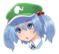 Rule 34 | 1girl, blue eyes, blue hair, blue shirt, blush, collared shirt, commentary request, expressionless, flat cap, green hat, hair bobbles, hair ornament, hat, head only, kawashiro nitori, kei jiei, looking afar, looking up, open mouth, shirt, simple background, solo, touhou, two side up, white background