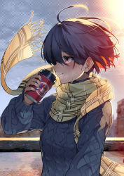 Rule 34 | 1girl, ahoge, black hair, blue sweater, blurry, blurry background, blush, breasts, building, city, coffee cup, colored inner hair, commentary request, crying, crying with eyes open, cup, day, disposable cup, from side, hand up, highres, holding, holding cup, kabu (niniko2ko), lips, medium breasts, multicolored hair, nail polish, original, partial commentary, plaid, plaid scarf, polka dot, polka dot background, purple nails, scarf, short hair, sky, smile, solo, standing, steam, sun, sunlight, sweater, tears, upper body, winter, yellow scarf