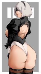 Rule 34 | 1girl, 2b (nier:automata), alternate breast size, ass, backless outfit, bakkanki, bikini, black bikini, black blindfold, blindfold, breastless clothes, breasts, gloves, grey hair, highres, juliet sleeves, large breasts, leotard, lips, long sleeves, mole, mole under mouth, nier:automata, nier (series), puffy sleeves, short hair, sideboob, solo, swimsuit, thick thighs, thighhighs, thighs, white gloves, white leotard