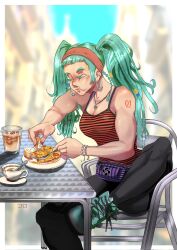 1girl aqua_eyes aqua_footwear aqua_hair armpit_hair biceps black_pants blue_sky blurry blurry_background bread breasts building camisole chair cleavage cup earrings eating food foot_out_of_frame fork hatsune_miku highres holding holding_food holding_fork hoop_earrings jewelry korochan_x3 long_hair necklace nose_piercing pants piercing plate shoes sitting sky solo spain striped_camisole twintails vocaloid worldwide_miku