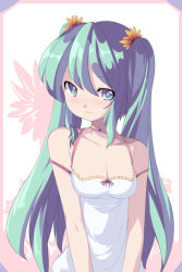 Rule 34 | 1girl, aqua eyes, aqua hair, blush, breasts, cleavage, face, female focus, flower, hair flower, hair ornament, hatsune miku, jewelry, long hair, necklace, saiste, small breasts, smile, solo, twintails, vocaloid, white background