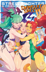 Rule 34 | 3girls, abs, animal, animal on head, antenna hair, bat wings, battle circuit, bikini, blanka, bracelet, breasts, cammy white, capcom, card, chun-li, claws, commentary, company connection, crossover, english commentary, fingernails, furry, furry female, girl sandwich, green hair, green one-piece swimsuit, group hug, head wings, highres, hug, jewelry, kajin (kajinman), matt moylan, medium breasts, morrigan aensland, multiple crossover, multiple girls, official art, on head, one-piece swimsuit, pointy ears, purple hair, red hair, rose (street fighter), sandwiched, second-party source, sharp fingernails, shawl, side-tie bikini bottom, sideboob, smile, street fighter, street fighter zero (series), swimsuit, tan, tanline, thighs, toned, udon entertainment, vampire (game), wings, yellow beast, yellow fur, yellow shawl
