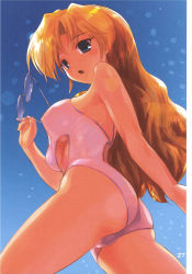 Rule 34 | 00s, 1970s (style), 1girl, ass, blonde hair, blue eyes, breasts, cameltoe, casual one-piece swimsuit, covered erect nipples, gaiking, gaiking: legend of daikuu maryuu, glasses, hechi, highres, long hair, oldschool, one-piece swimsuit, retro artstyle, roza, roza (gaiking), solo, swimsuit, toei animation, underboob