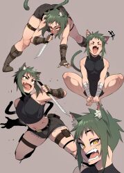 Rule 34 | 1boy, absurdres, animal ears, bandages, bare shoulders, belt, boots, cat boy, cat ears, cat tail, fang, fingerless gloves, gloves, green hair, highres, holding, holding weapon, in (ain), licking lips, male focus, midriff, multiple views, open mouth, original, short shorts, shorts, skindentation, sleeveless, tail, thigh belt, thigh strap, tongue, tongue out, trap, weapon, yellow eyes