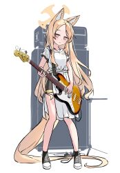 Rule 34 | 1girl, absurdres, alternate costume, animal ear fluff, animal ears, bass guitar, black skirt, blonde hair, blue archive, casual, collarbone, commentary request, dress, forehead, fox ears, fox girl, fox tail, full body, halo, highres, holding, holding instrument, instrument, kenma pro, long hair, music, orange eyes, parted bangs, pelvic curtain, playing instrument, pleated skirt, seia (blue archive), shoes, short sleeves, side slit, sidelocks, simple background, skirt, sneakers, solo, standing, tail, white dress