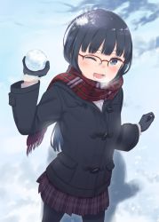Rule 34 | arm up, black coat, black gloves, black hair, checkered clothes, checkered scarf, coat, commentary request, duffel coat, fur-trimmed gloves, fur trim, glasses, gloves, grey eyes, kyak bamboo, long hair, long sleeves, one eye closed, open mouth, original, pantyhose, red-framed eyewear, red scarf, scarf, school uniform, shirt, skirt, smile, snow, snowball, snowball fight, solo, white shirt, winter, winter clothes, winter coat