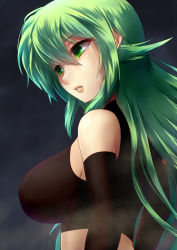 Rule 34 | 1girl, bare shoulders, black gloves, breasts, clenched teeth, crying, crying with eyes open, elbow gloves, eyebrows, from side, gloves, green eyes, green hair, halterneck, halterneck, jogie (artist), large breasts, matching hair/eyes, original, parted lips, solo, tears, teeth, upper body