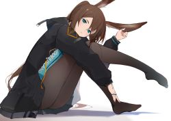Rule 34 | 1girl, amiya (arknights), animal ear fluff, animal ears, arknights, bad id, bad twitter id, black jacket, blue eyes, blush, brown hair, closed mouth, from side, full body, hair between eyes, head tilt, highres, holding ears, jacket, jewelry, long hair, long sleeves, looking at viewer, multiple rings, no shoes, open clothes, open jacket, pantyhose, rabbit ears, ring, rrr ato, sidelocks, sitting, skirt, solo, thighs, thumb ring, very long hair