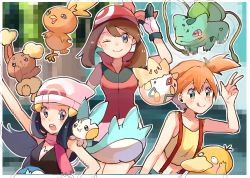 Rule 34 | 3girls, :o, bad id, bad pixiv id, beanie, bird, breasts, brown hair, bulbasaur, closed mouth, creature, creatures (company), dawn (pokemon), fangs, game freak, gen 1 pokemon, gen 2 pokemon, gen 3 pokemon, gen 4 pokemon, glitch, gloves, green eyes, happy, hat, looking at viewer, may (pokemon), midriff, misty (pokemon), multiple girls, navel, nintendo, on shoulder, one eye closed, orange hair, pachirisu, pink eyes, piplup, pokemon, pokemon (anime), pokemon (classic anime), pokemon (creature), pokemon dppt, pokemon on shoulder, pokemon rse, psyduck, red shirt, ririmon, scarf, shirt, small breasts, togepi, tongue, tongue out, torchic, yellow shirt