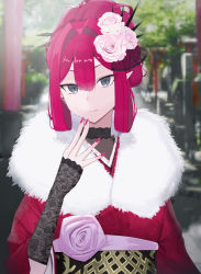 Rule 34 | 1girl, aozaku (hatake no niku), breasts, baobhan sith (fate), fate/grand order, fate (series), fur collar, grey eyes, hair ornament, highres, japanese clothes, kimono, large breasts, long hair, long sleeves, looking at viewer, pink hair, pointy ears, red kimono, sash, sidelocks, slit pupils, smile, solo