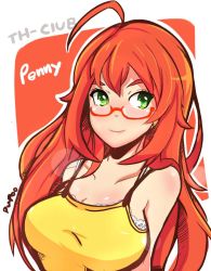 Rule 34 | 1girl, ahoge, artist name, bra strap, breasts, camisole, cleavage, english text, glasses, green eyes, large breasts, lens flare, long hair, penny (stardew valley), pupoo (artist), red-framed eyewear, red hair, semi-rimless eyewear, smile, solo, spaghetti strap, stardew valley, under-rim eyewear, upper body