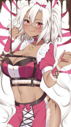 Rule 34 | 1girl, :q, alternate costume, blush, breasts, chocolate, chocolate on body, chocolate on breasts, choker, cleavage, crop top, dark-skinned female, dark skin, food, food on body, food on face, frills, glasses, hair between eyes, heart, heart necklace, highres, jewelry, kantai collection, large breasts, long hair, looking at viewer, musashi (kancolle), nail polish, necklace, panties, pink choker, pink nails, red eyes, side slit, simple background, skirt, solo, tongue, tongue out, twintails, underwear, very long hair, white hair, yomogi dango