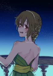 Rule 34 | 1girl, back, balcony, bare shoulders, blush, braid, brown hair, commentary request, diamond hairband, dress, green dress, hair between eyes, highres, idolmaster, idolmaster cinderella girls, jewelry, kyouno, looking at viewer, looking back, medium hair, necklace, night, night sky, open mouth, outdoors, pearl necklace, red eyes, scapular, senkawa chihiro, sky, smile, solo, star (sky), starry sky, strapless, strapless dress, teeth, upper body