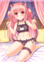 Rule 34 | 1girl, :o, animal ears, bare arms, bare shoulders, barefoot, bed, bell, black bra, black choker, black panties, black ribbon, blush, border, bra, breasts, bridal garter, cameltoe, canopy bed, cat cutout, cat ear panties, cat ears, cat girl, cat lingerie, cat tail, choker, cleavage, cleavage cutout, clothing cutout, collarbone, commentary request, curtains, fingernails, frilled bra, frilled panties, frills, groin, hair between eyes, hair ribbon, hands up, highres, jingle bell, lace, lace border, long hair, looking at viewer, medium breasts, meme attire, navel, neck bell, on bed, original, ornate border, panties, parted lips, pillow, pink hair, red eyes, ribbon, side-tie panties, solo, striped, striped background, tail, tail raised, two side up, umitonakai, underwear, underwear only, vertical stripes, very long hair