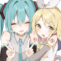 Rule 34 | 2girls, aqua eyes, aqua hair, aqua nails, aqua necktie, asymmetrical hair, bare shoulders, black sleeves, blonde hair, closed eyes, detached sleeves, double v, hair between eyes, hair ornament, hairband, hairclip, hatsune miku, highres, hug, kagamine rin, long hair, looking to the side, multiple girls, necktie, number tattoo, open mouth, sailor collar, shirt, short hair, shoulder tattoo, sleeveless, sleeveless shirt, star-shaped pupils, star (symbol), symbol-shaped pupils, tattoo, twintails, v, vocaloid, waimoniku, white hairband, white sailor collar, white shirt, yellow eyes, yellow necktie