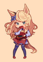 Rule 34 | 1girl, animal ears, apron, blonde hair, blue eyes, blush, bow, chibi, chopsticks, ear bow, frying pan, gold city (umamusume), highres, holding, holding chopsticks, horse ears, horse girl, horse tail, jugemu (qqkyon), long hair, long sleeves, looking at viewer, open mouth, purple shirt, purple skirt, purple thighhighs, school uniform, shirt, simple background, skirt, slippers, solo, standing, sweatdrop, tail, thighhighs, tracen school uniform, umamusume