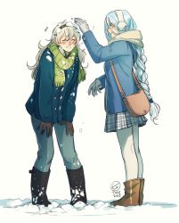 Rule 34 | 2girls, azura (fire emblem), blue hair, boots, closed eyes, coat, corrin (female) (fire emblem), corrin (fire emblem), fire emblem, fire emblem fates, gloves, highres, long hair, multiple girls, nintendo, pantyhose, pointy ears, scarf, skirt, smile, snow, thighhighs, ticcy, winter, winter clothes, winter coat