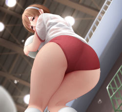 Rule 34 | 1girl, ass, ass focus, bad id, bad pixiv id, ball, black bra, bra, breasts, brown eyes, brown hair, buruma, ceiling light, commentary request, from behind, from below, gym shirt, gym uniform, hairband, holding, holding ball, indoors, kantai collection, kneehighs, kneepits, looking at viewer, looking back, looking down, medium breasts, natori (kancolle), ne an ito, railing, red buruma, see-through, shirt, short hair, short sleeves, socks, solo, squatting, thighs, underwear, wet, wet clothes, wet shirt, white hairband, white socks