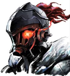 Rule 34 | 10s, 1boy, armor, full armor, fur collar, fur trim, glowing, glowing eye, goblin slayer, goblin slayer!, helmet, highres, knight, looking at viewer, male focus, max-k, plume, simple background, solo, upper body, white background