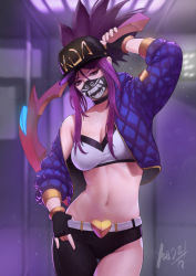Rule 34 | 1girl, akali, arm up, asymmetrical clothes, bare shoulders, belt, black choker, black gloves, black pants, blue coat, blurry, blurry background, breasts, choker, cleavage, clothes writing, coat, collarbone, commentary, covered mouth, covering own mouth, cowboy shot, crop top, fingerless gloves, gloves, groin, head tilt, heart, holding, holding weapon, indoors, k/da (league of legends), k/da akali, league of legends, long hair, long sleeves, looking at viewer, mask, medium breasts, mezzo (orbanga21), midriff, mouth mask, navel, off shoulder, official alternate costume, open clothes, open coat, pants, ponytail, purple eyes, signature, single pantsleg, solo, stomach, thigh gap, weapon